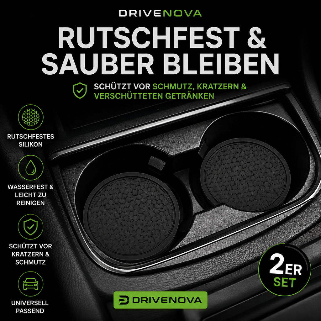 DriveNova 2er Set Auto Getränkehalter-Einlagen | Rutschfeste Silikon Untersetzer | Universell Passend | Schwarz
